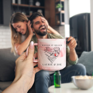Personalised pink mug with custom map print.