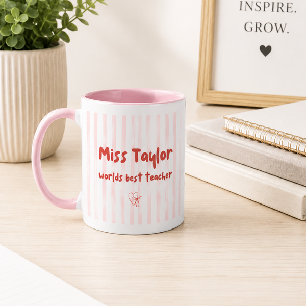 Personalised Teacher Mug & Coaster Set, Blue Stripe Miss Hudson Mug, Thank You Teacher Gift, End of Term Teacher Present, Custom Teacher Gift