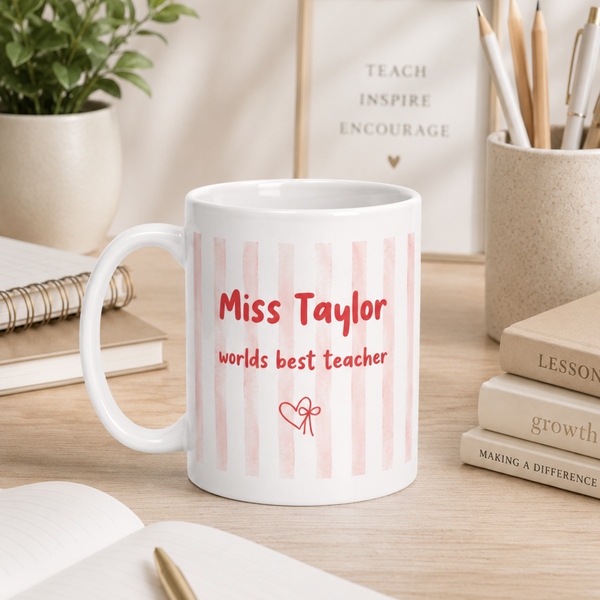 Personalised Teacher Mug & Coaster Set, Blue Stripe Miss Hudson Mug, Thank You Teacher Gift, End of Term Teacher Present, Custom Teacher Gift