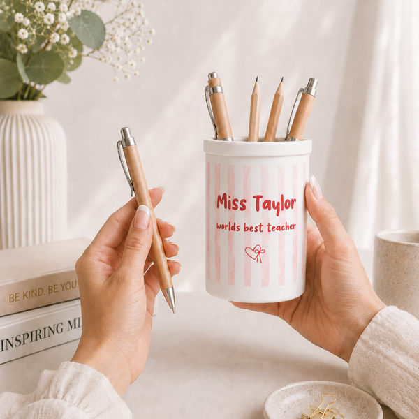 Personalised Teacher Mug & Coaster Set, Blue Stripe Miss Hudson Mug, Thank You Teacher Gift, End of Term Teacher Present, Custom Teacher Gift