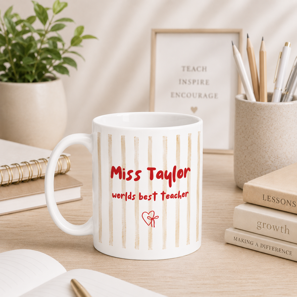 Personalised Teacher Mug & Coaster Set, Blue Stripe Miss Hudson Mug, Thank You Teacher Gift, End of Term Teacher Present, Custom Teacher Gift