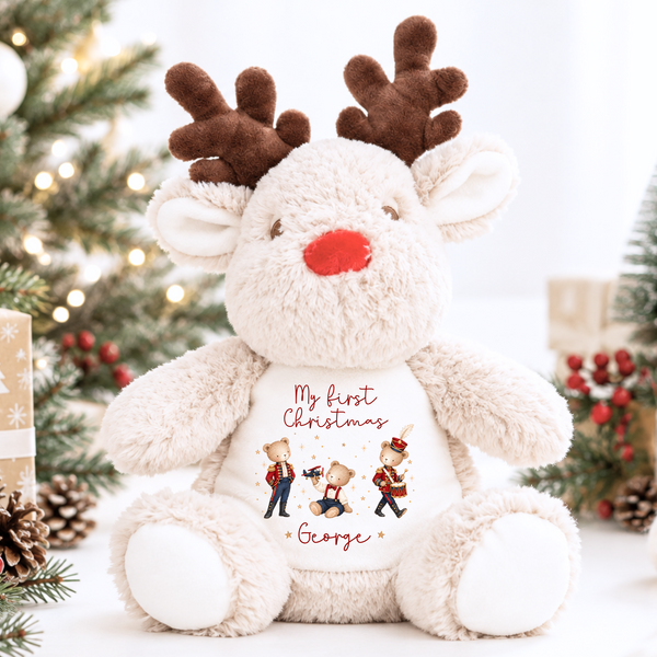 Personalised Bear First Christmas Soft Toy - Reindeer, Present Sack