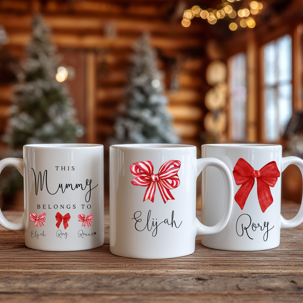Personalised Bow Christmas Mug – Custom Festive Coffee & Hot Chocolate Cup | Family Holiday Gift