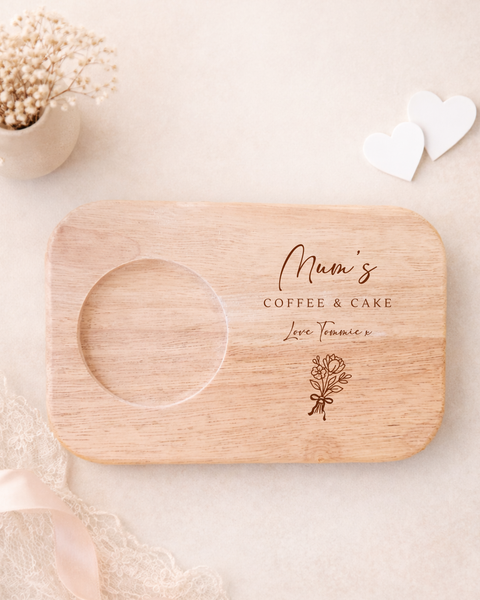 Personalised Wooden Flower Tea & Biscuit Board For Mum