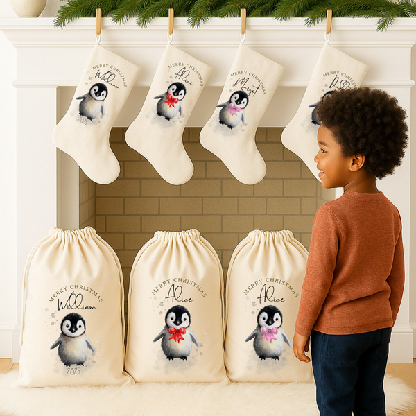 Personalized Penguin Christmas Gift Sack – Custom Santa Sack with Name for Kids & Babies