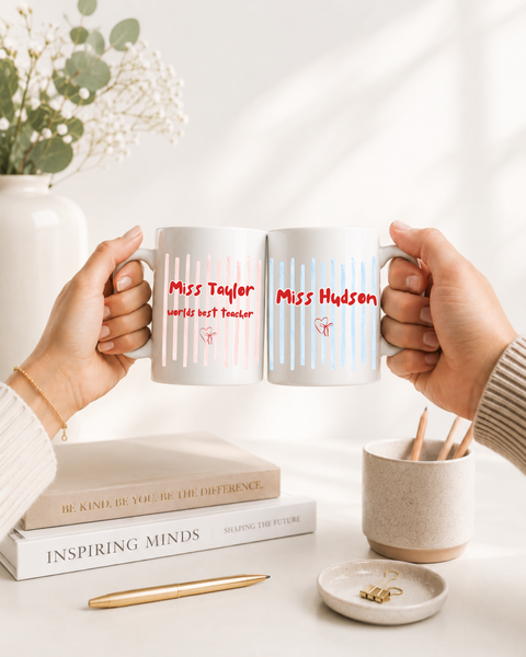 Personalised Teacher Mug & Coaster Set, Blue Stripe Miss Hudson Mug, Thank You Teacher Gift, End of Term Teacher Present, Custom Teacher Gift