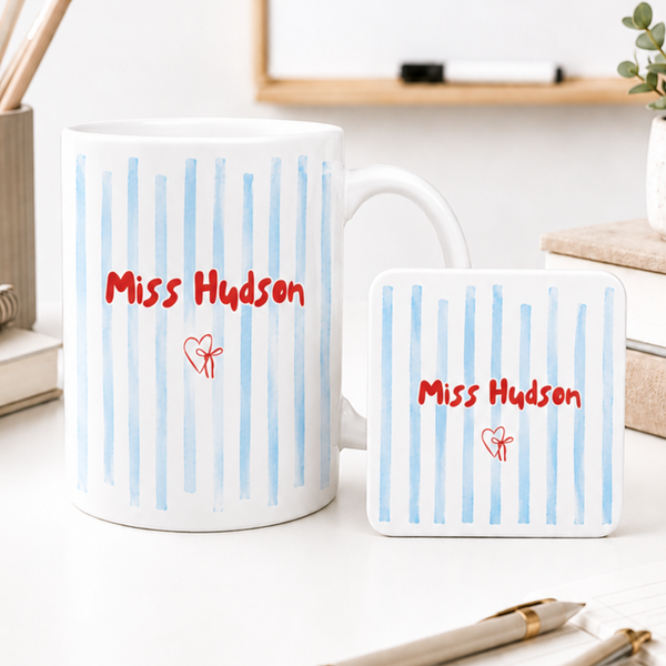 Personalised Teacher Mug & Coaster Set, Blue Stripe Miss Hudson Mug, Thank You Teacher Gift, End of Term Teacher Present, Custom Teacher Gift