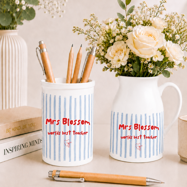 Personalised Teacher Mug & Coaster Set, Blue Stripe Miss Hudson Mug, Thank You Teacher Gift, End of Term Teacher Present, Custom Teacher Gift