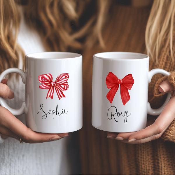 Personalised Bow Christmas Mug – Custom Festive Coffee & Hot Chocolate Cup | Family Holiday Gift