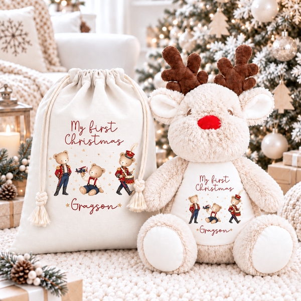 Personalised Bear First Christmas Soft Toy - Reindeer, Present Sack