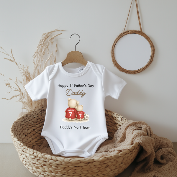 Personalised Football Bear Baby Sleepsuit First Fathers Day