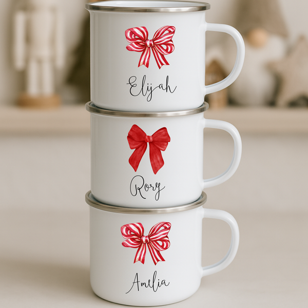 Personalised Bow Christmas Mug – Custom Festive Coffee & Hot Chocolate Cup | Family Holiday Gift