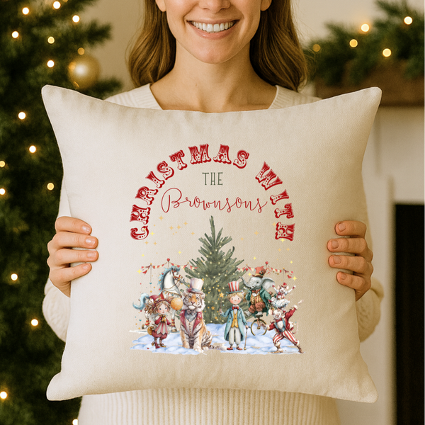 Personalised Circus Christmas Blanket & Cushion – Custom Name Festive Gifts
