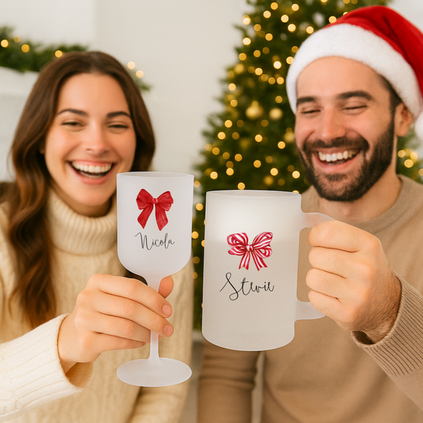 Personalised Bow Christmas Glass Set – Matching Wine & Beer Glasses for Families | Festive Holiday Gift
