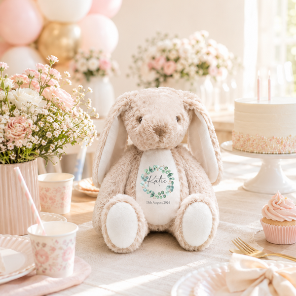 Personalised Soft Toy for New Babies with Eucalyptus Wreath