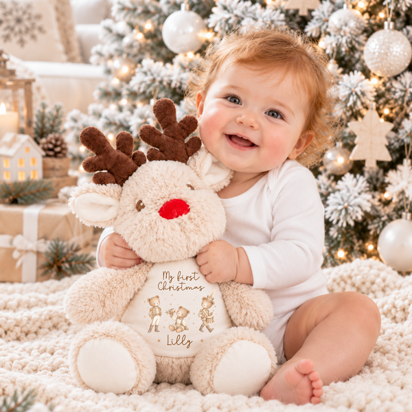 Personalised Bear First Christmas Soft Toy - Reindeer, Present Sack
