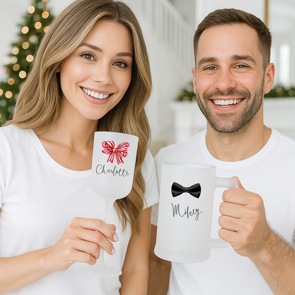 Personalised Bow Christmas Glass Set – Matching Wine & Beer Glasses for Families | Festive Holiday Gift
