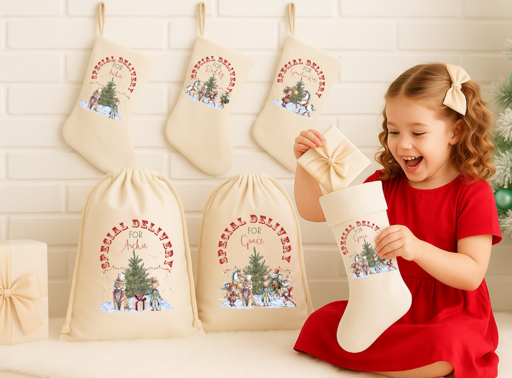 Personalised Christmas Circus Stocking & Present Sack – Custom Name Kids’ Gift Bag