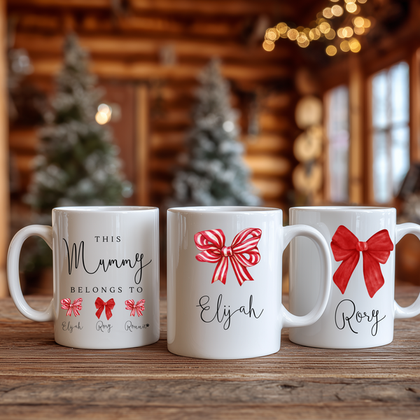 Personalised Bow Christmas Mug – Custom Festive Coffee & Hot Chocolate Cup | Family Holiday Gift