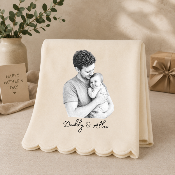 Personalised Photo Sketch Cushion & Blanket – Father's Day Gift for Dad