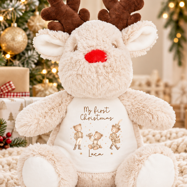 Personalised Bear First Christmas Soft Toy - Reindeer, Present Sack