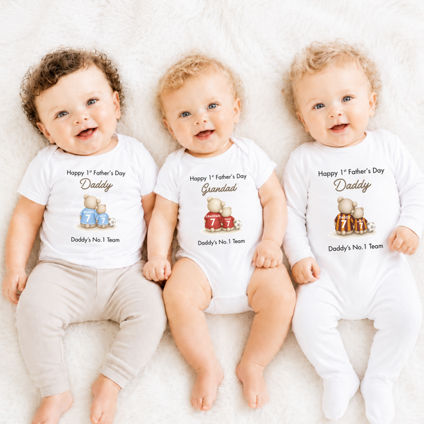 Personalised Football Bear Baby Sleepsuit First Fathers Day