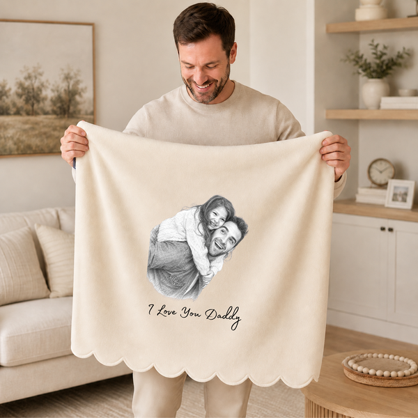 Personalised Photo Sketch Cushion & Blanket – Father's Day Gift for Dad