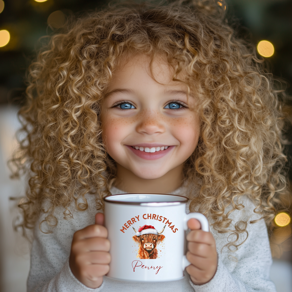 Personalised Highland Cow Enamel Mug For Kids