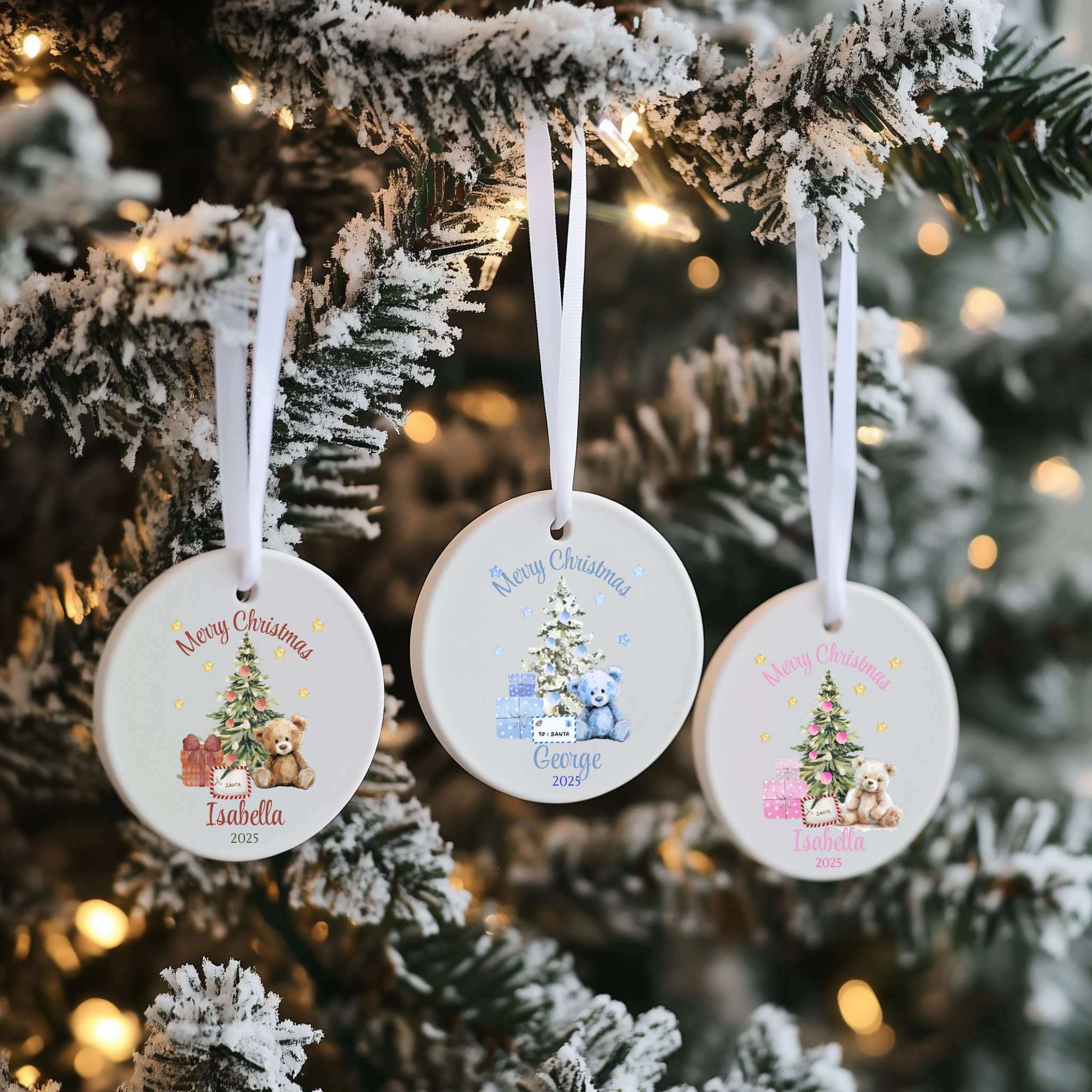 Personalised Teddy Bear Design Christmas Ceramic Hanging