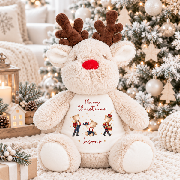 Personalised Bear First Christmas Soft Toy - Reindeer, Present Sack