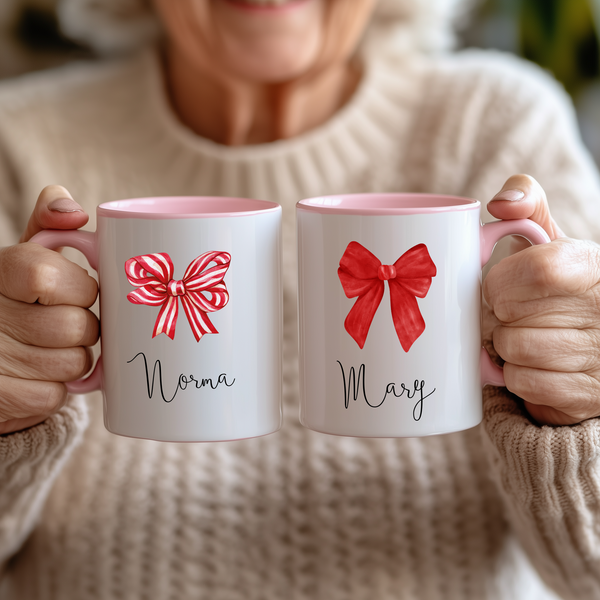 Personalised Bow Christmas Mug – Custom Festive Coffee & Hot Chocolate Cup | Family Holiday Gift