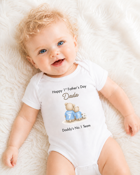 Personalised Football Bear Baby Sleepsuit First Fathers Day