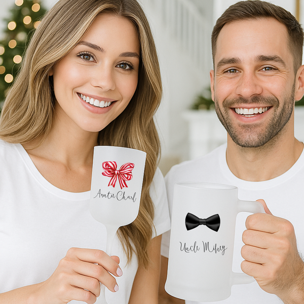 Personalised Bow Christmas Glass Set – Matching Wine & Beer Glasses for Families | Festive Holiday Gift