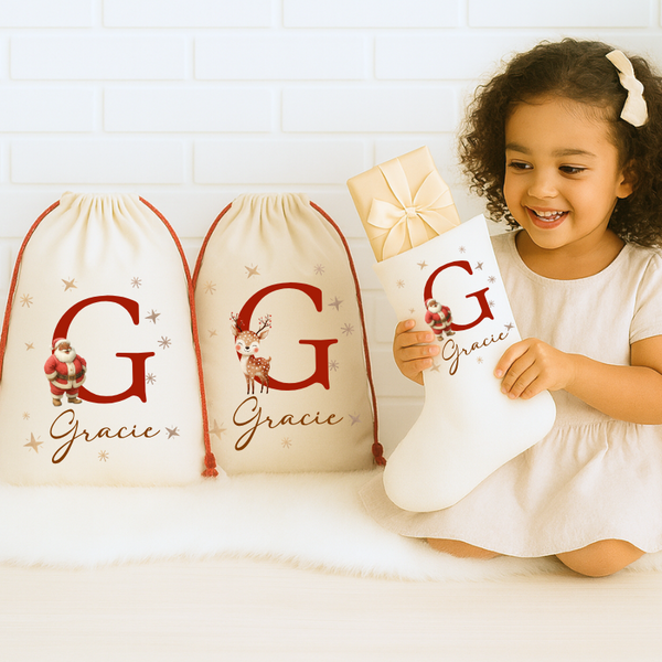 Personalised Initial Christmas Stockings & Present Sacks | Santa, Gingerbread & Reindeer