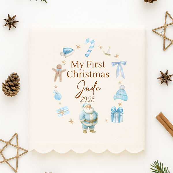 First Christmas Santa Wreath Cushion & Blanket – Personalised Baby Gift