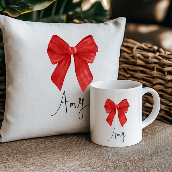 Personalised Bow Christmas Mug – Custom Festive Coffee & Hot Chocolate Cup | Family Holiday Gift