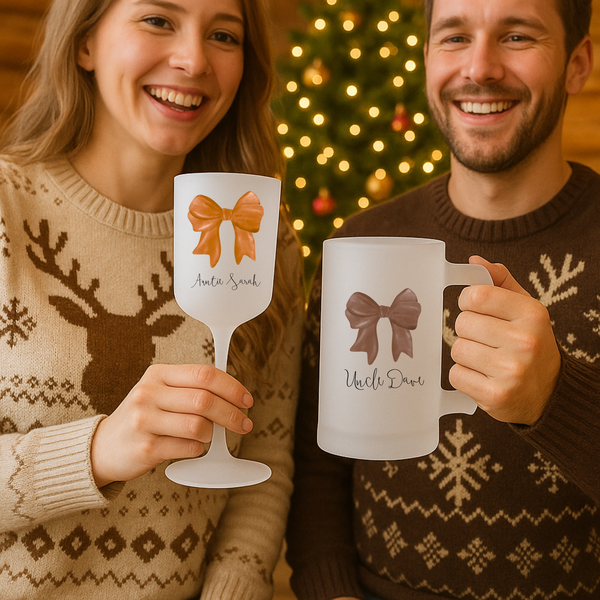 Personalised Bow Christmas Glass Set – Matching Wine & Beer Glasses for Families | Festive Holiday Gift