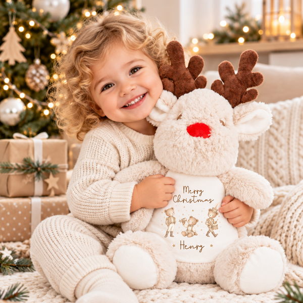 Personalised Bear First Christmas Soft Toy - Reindeer, Present Sack
