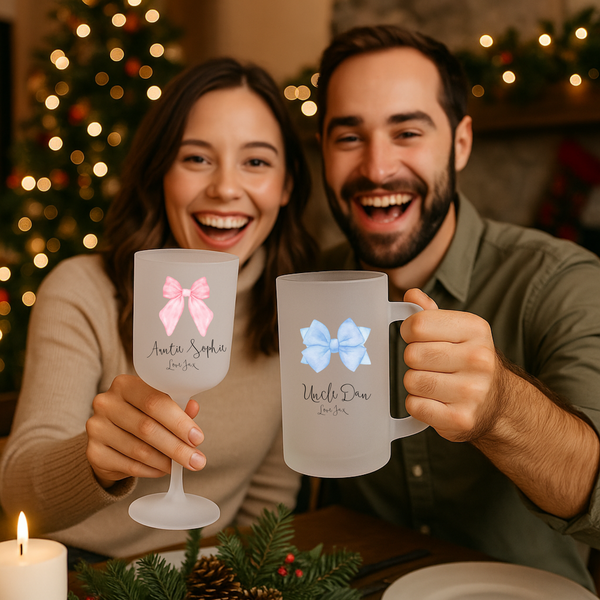 Personalised Bow Christmas Glass Set – Matching Wine & Beer Glasses for Families | Festive Holiday Gift