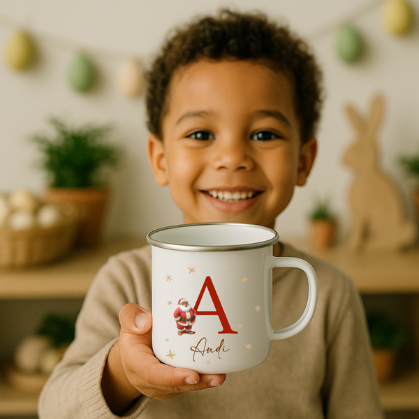 Personalised Santa Enamel Mug – Christmas Hot Chocolate Mug