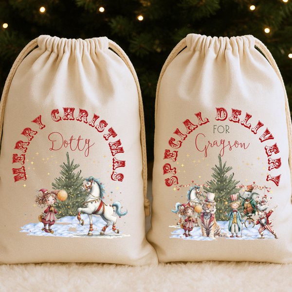 Personalised Christmas Circus Stocking & Present Sack – Custom Name Kids’ Gift Bag