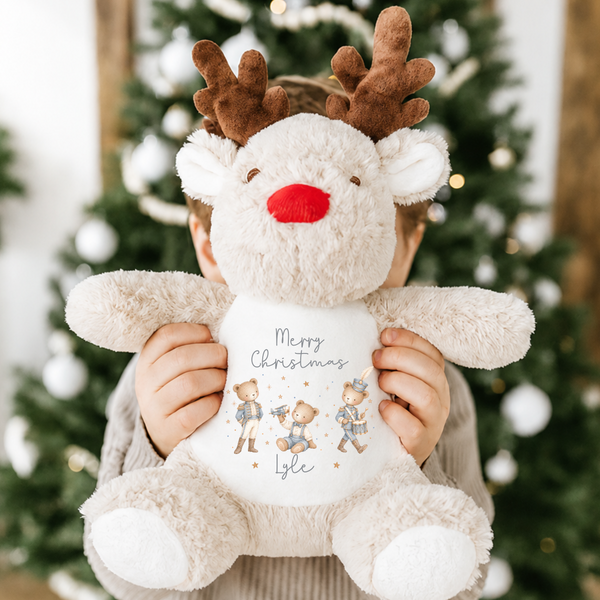 Personalised Bear First Christmas Soft Toy - Reindeer, Present Sack