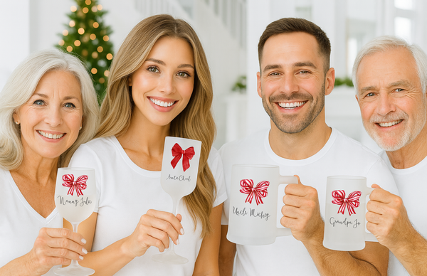 Personalised Bow Christmas Glass Set – Matching Wine & Beer Glasses for Families | Festive Holiday Gift