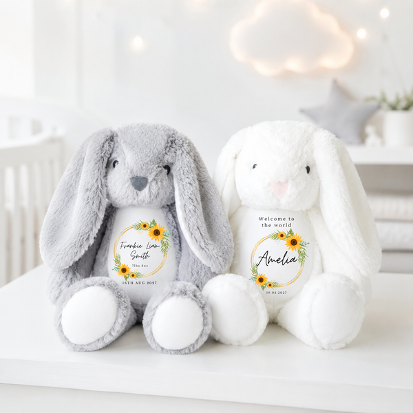 Personalised Sunflower Baby Bunny, Newborn Gift
