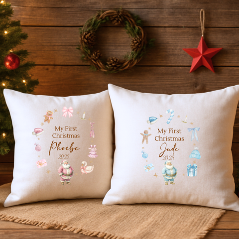 First Christmas Santa Wreath Cushion & Blanket – Personalised Baby Gift
