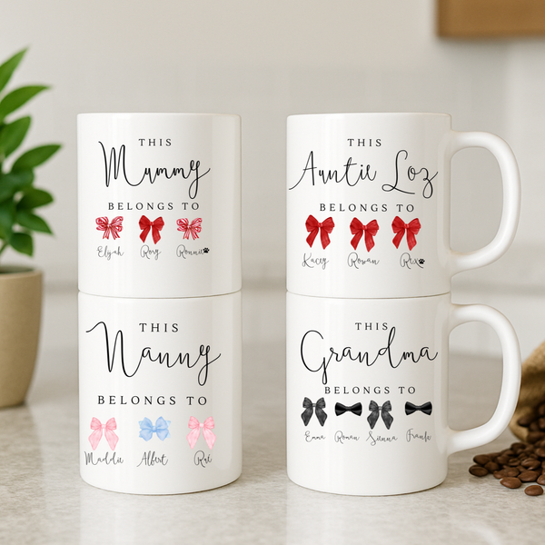 Personalised Christmas Bow Mug – Custom Festive Gift for Mum, Auntie, Nanny & Grandma