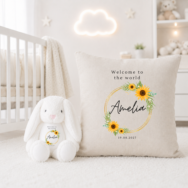 Personalised Sunflower Baby Bunny, Newborn Gift