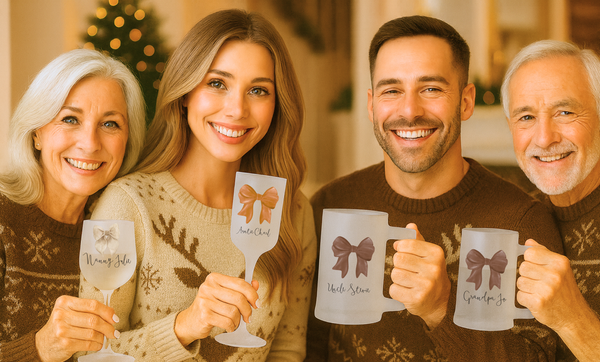 Personalised Bow Christmas Glass Set – Matching Wine & Beer Glasses for Families | Festive Holiday Gift