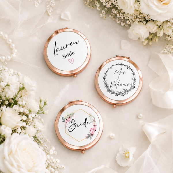 Personalised Bride Compact Mirror Leaf Design