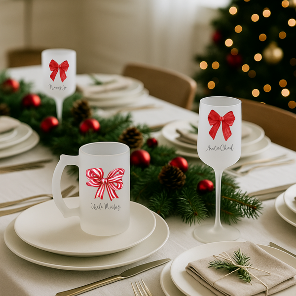 Personalised Bow Christmas Glass Set – Matching Wine & Beer Glasses for Families | Festive Holiday Gift